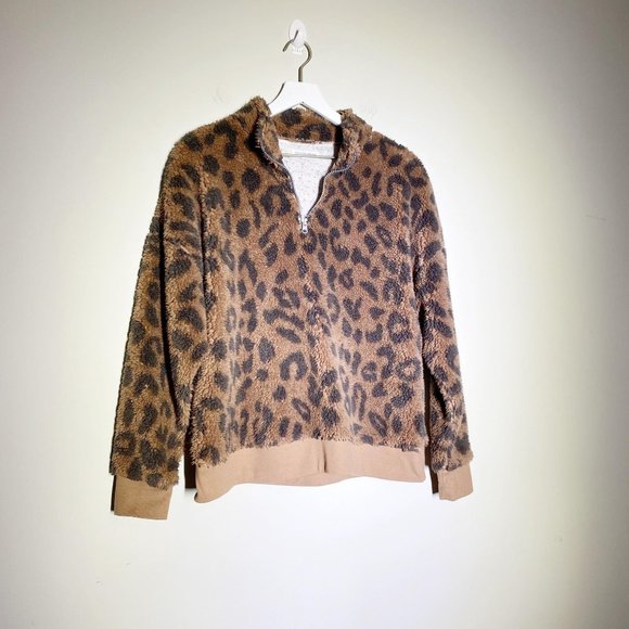 Grayson/Threads Leopard Print Teddy Zip Neck Pullover XL - Picture 14 of 15